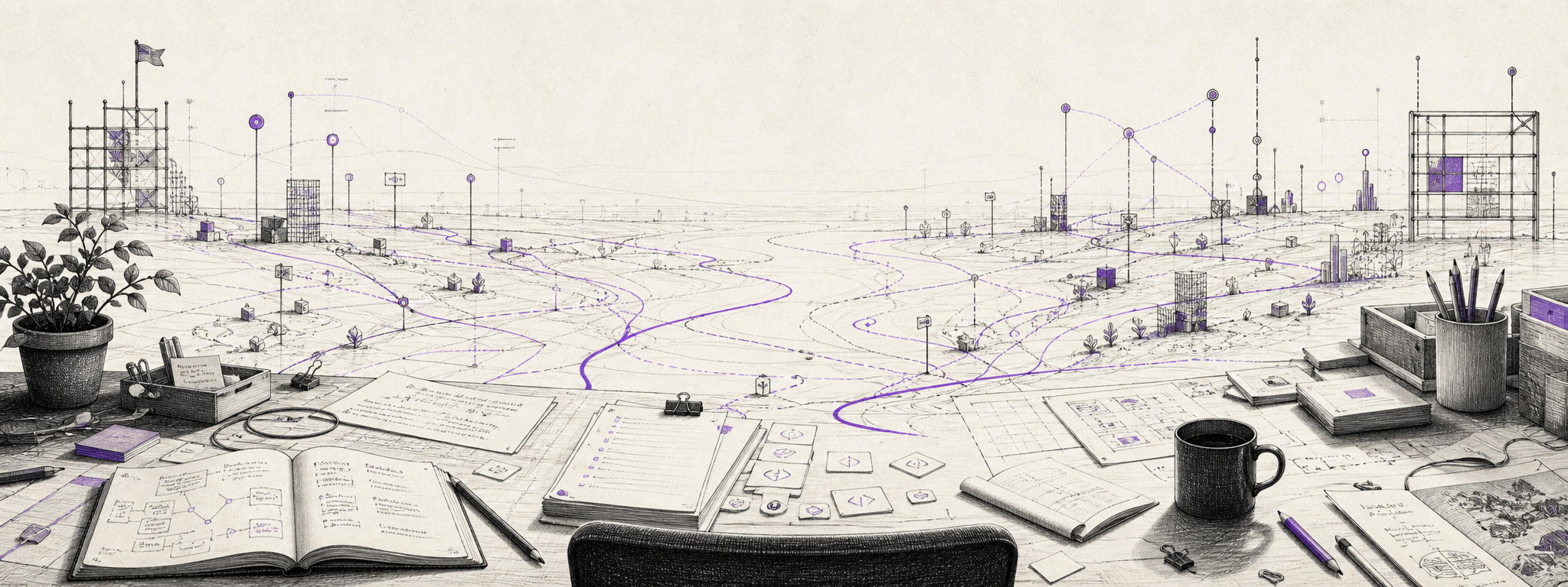 A hand-drawn workbench horizon of notes, tools, and purple pathways becoming a publishing system